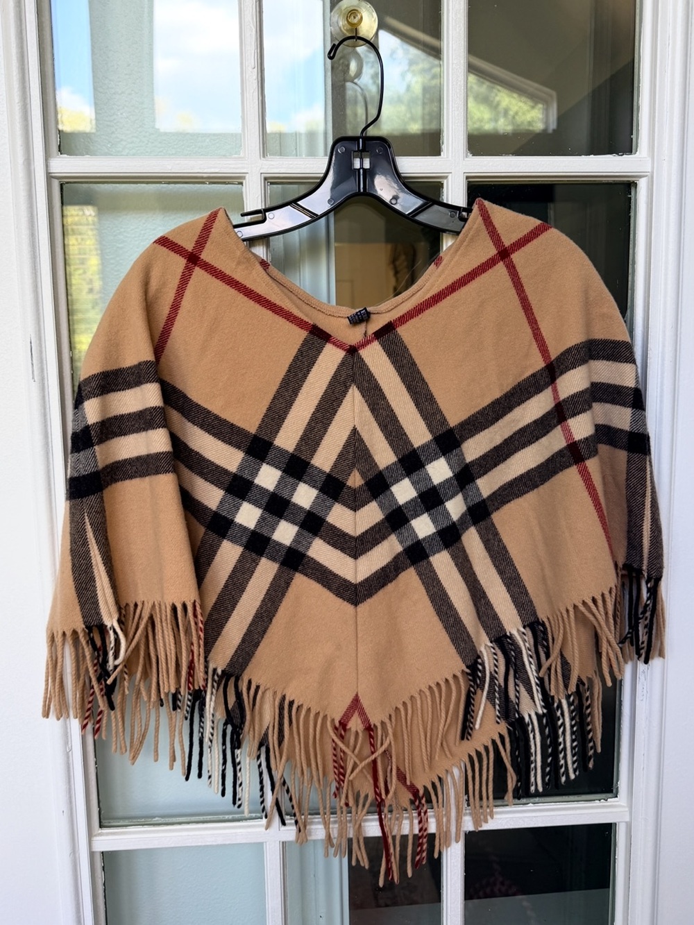 Burberry London Made in Scotland Classic Fringe Poncho Sweater - Camel Plaid